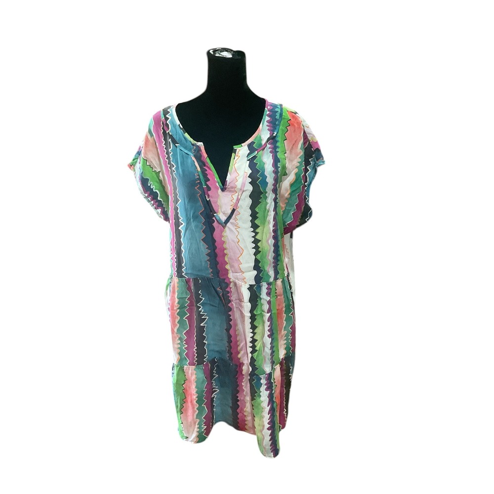 Marie Oliver Silk V-Neck Shift Dress Multi-Color Abstract Zig Zag Tiered Small